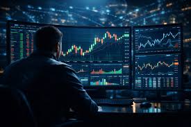 Professional trading setup with multiple monitors and live charts